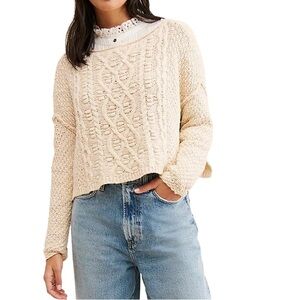Free People Changing Tides Pullover Cable Knit Oatmeal Sweater L